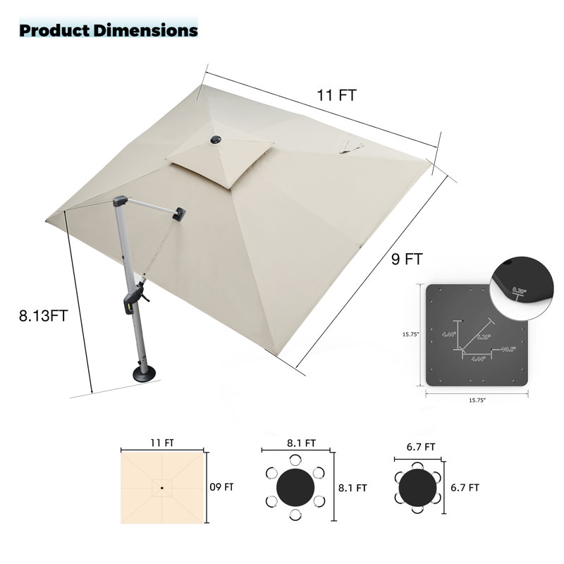 Parasol en porte-à-faux rectangulaire 9 pi x 11 pi avec base en tôle d'acier Hokku Designs, beige, Beige