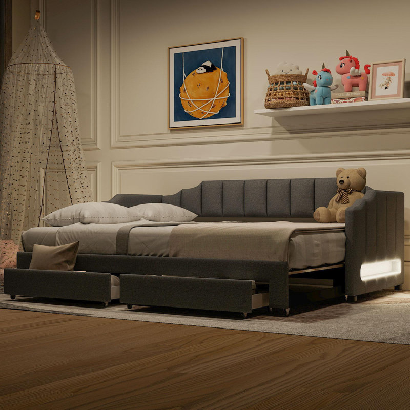 Extendable soft cushion sofa bed with two storage drawers and LED lights, Gray