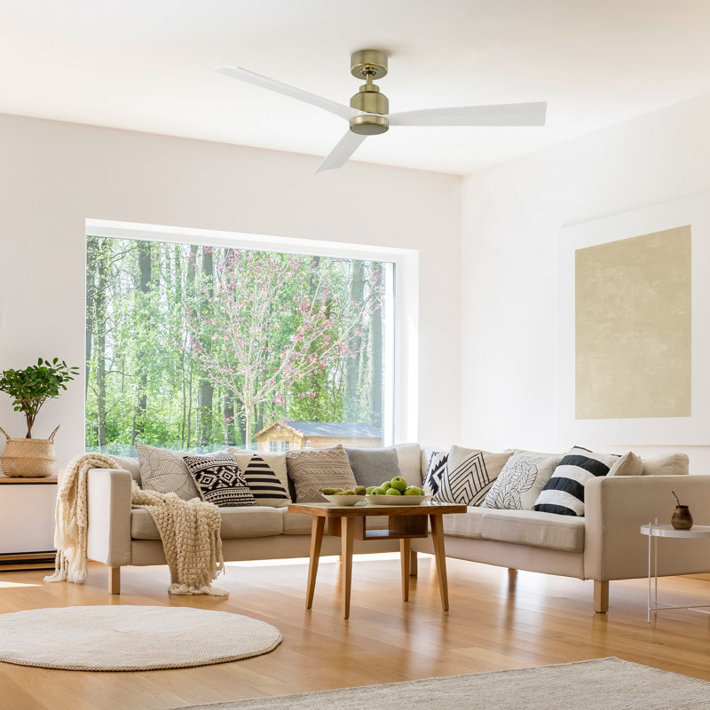 52" Smart Home Compatible 3 Blade Smart Ceiling Fan with Remote, Satin Brass with Matte White Blades, With Light Kit