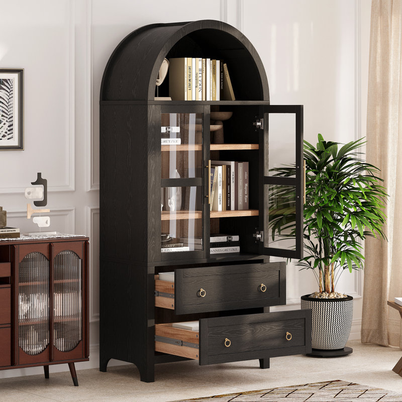 71" Tall Arched Kitchen Pantry Cabinet With 2 Large Drawers, Modern Farmhouse Kitchen Storage Cabinets With Adjustable Shelves, Glass Door, Wood Versatile Cupboard For Kitchens, Dining Room