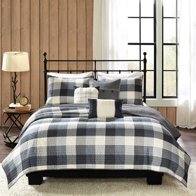 6 pièces courtepointe à chevrons pour très grand / très grand lit, motif à carreaux gris Buffalo, broderie sur des taies décoratives, articles cousus à la main