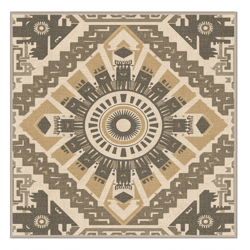 Machine Washable Roslindale Global Inspired Block Print Rug in Gray – Beige Binding, 8' Square