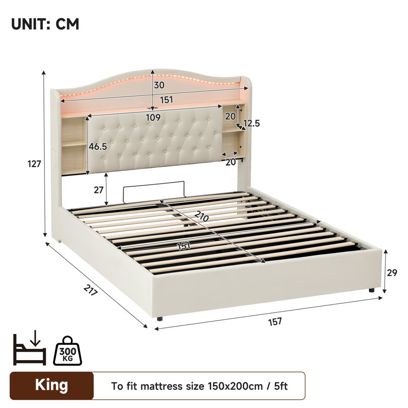 Upholstered Ottoman Storage Bed, 157 x 217 cm