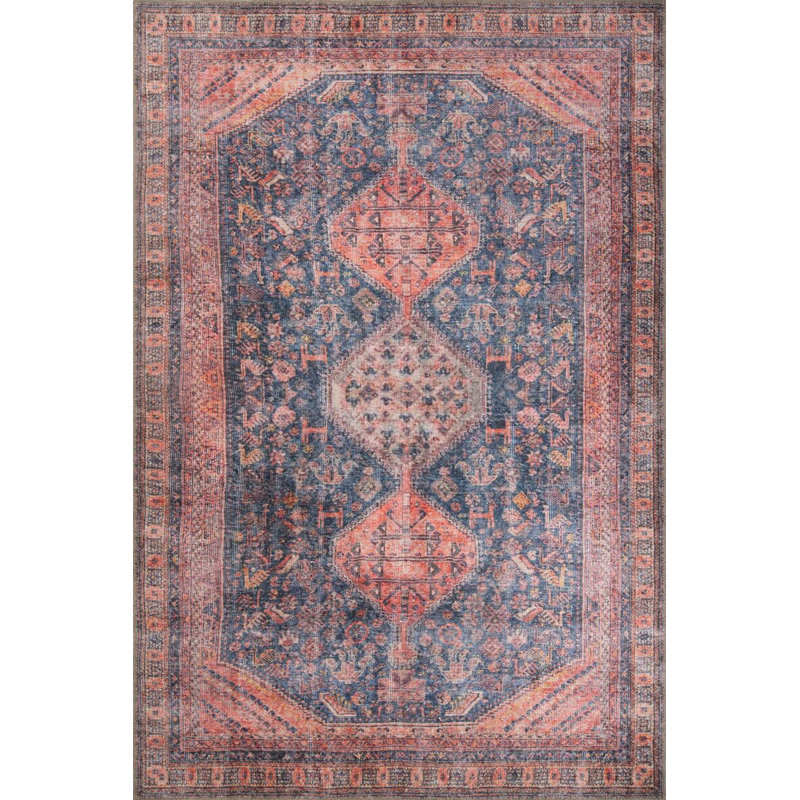 Tapis bleu marine à motif vintage rétro, Carré 5 pi