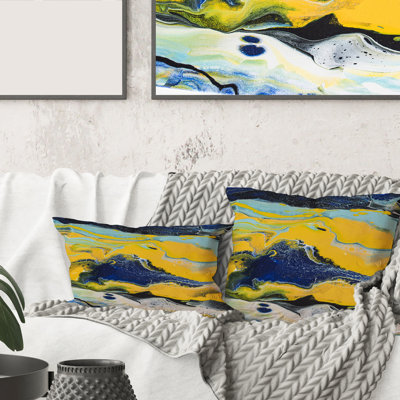 Composition abstraite de marbre jaune et bleu I - coussin imprimé moderne