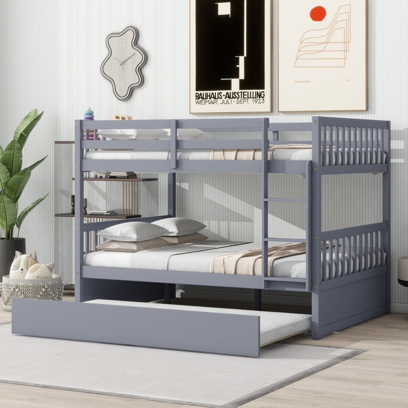 Sotion Kids Bunk Bed with Trundle, Gray, Full Over Full