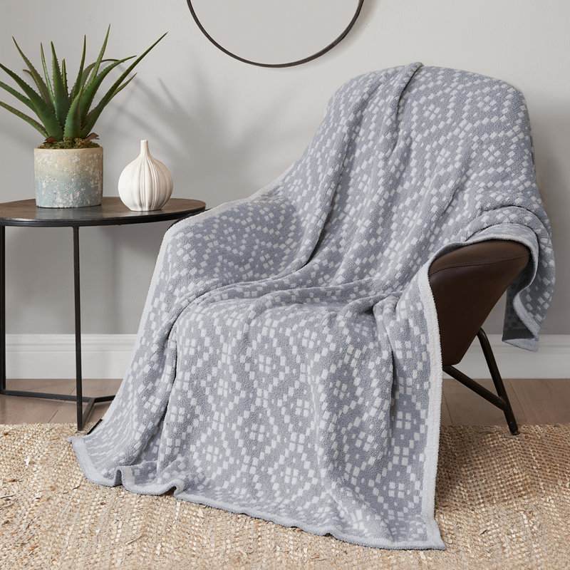 Gray Geometric Jacquard Reversible Knitted Throw Blanket 50" x 70"