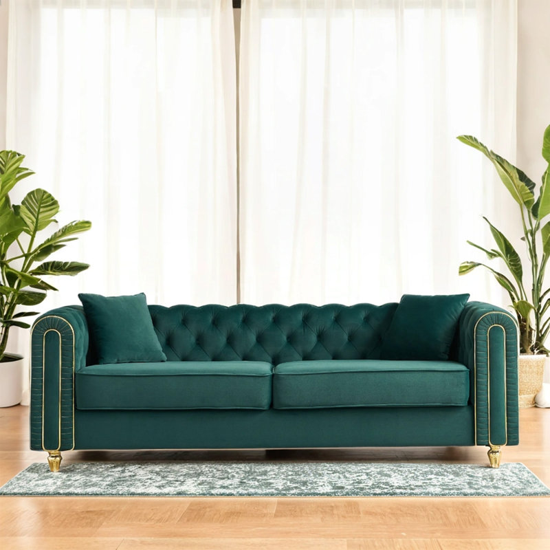 Canapé capitonné moderne de luxe l 86 po avec 2 pièces de coussins décoratifs pour le salon, la chambre à coucher, couleur verte