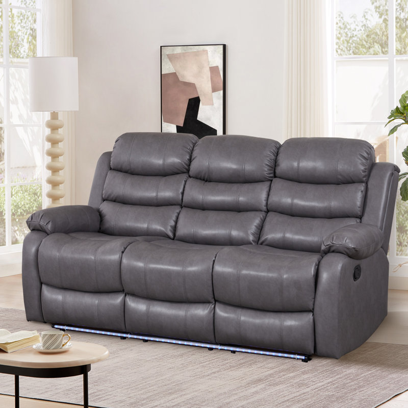 77.17'' Faux Leather Manual Reclining Sofa With LED Lighting & Cup Holders, Gris
