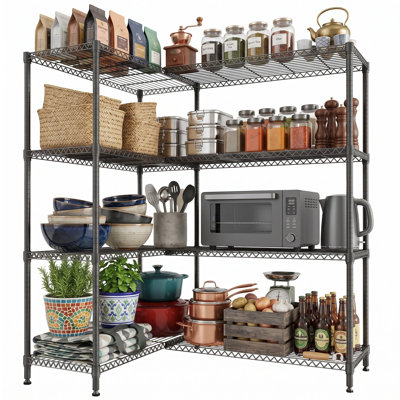 4 Tier Corner Storage Shelves, L-Shaped Metal Wire Shelving Unit Holds 1200 lbs, Adjustable Garage Pantry Kitchen Rack Black