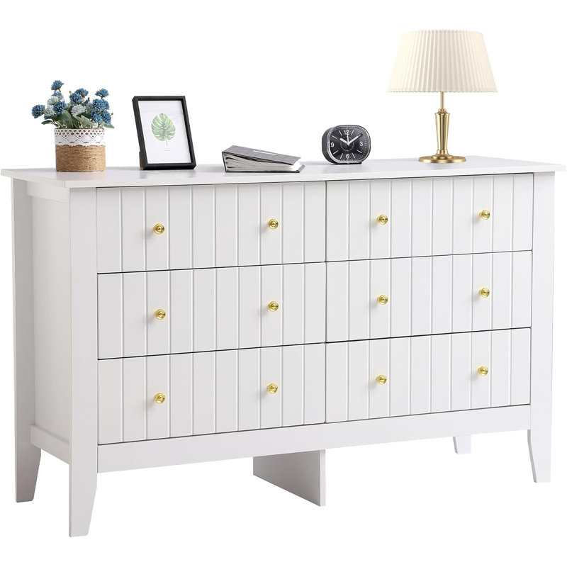 Commode 6 tiroirs double blanche pour chambre à coucher, commode moderne avec poignée en métal et tiroirs profonds