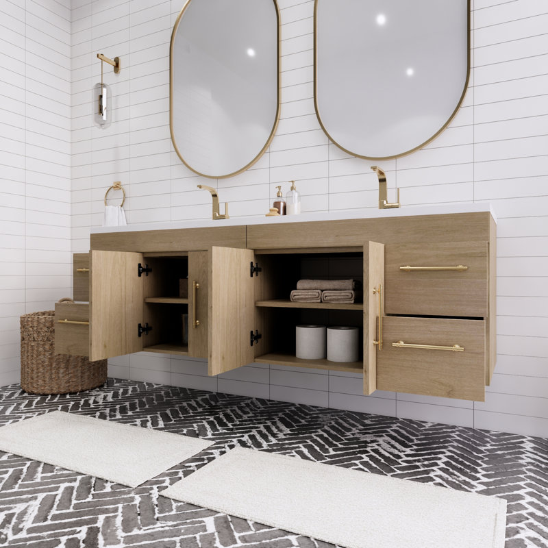 Ensemble de meuble-lavabo double mural 72 po Spring, Chêne blanc