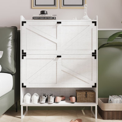 Shoe Cabinet With 2 Flip Drawers,Shoe Storage Cabinet For Entryway,Freestanding Shoe Cabinet Organizer With Open Storage,Narrow Farmhouse Shoe Rack With Metal Corner Decoration Legs