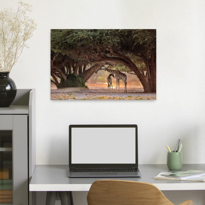 Mother Giraffe And Calf Peaceful Serene Tranquil Giraffe Nature Wildlife Wall Art Print by Giuseppe DAmico - Wrapped Canvas Print