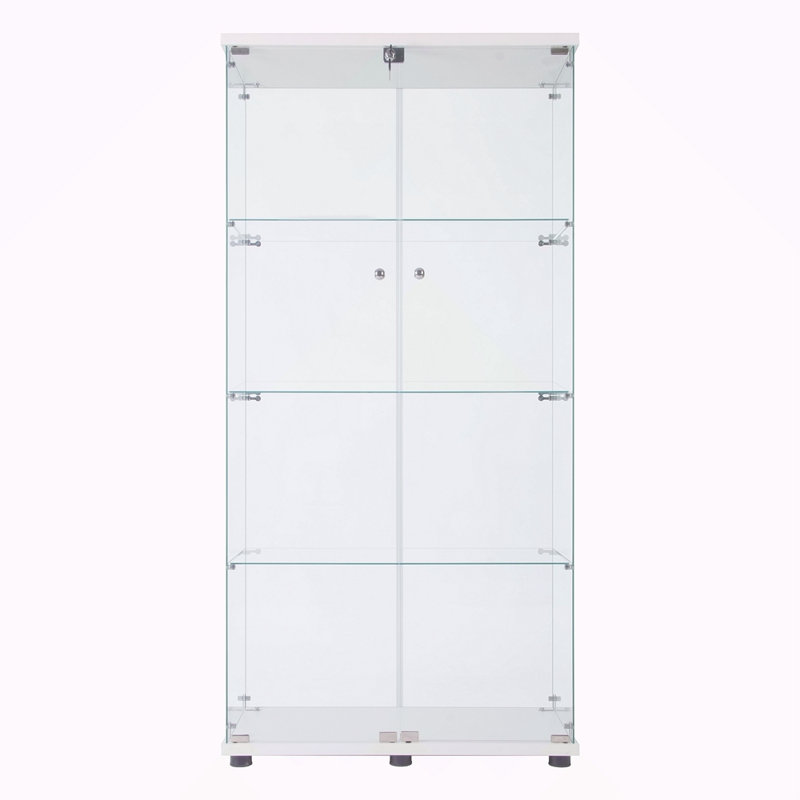 LED Strip Light Two Door Glass Cabinet Glass Display Cabinet With 4 Shelves, White