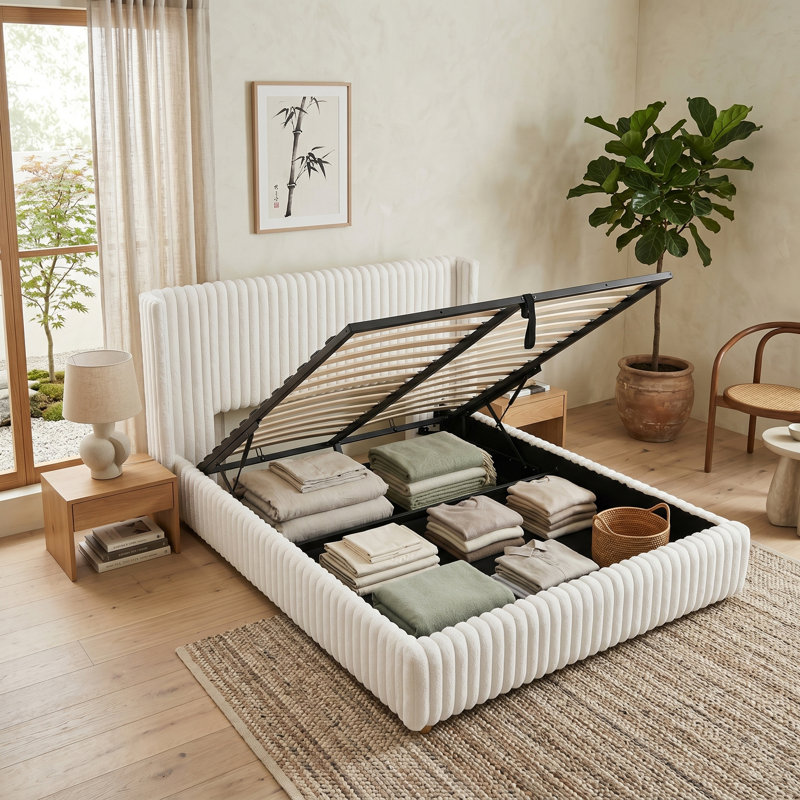 Modern Upholstered Platform Bed With Gas Lift Storage, Queen