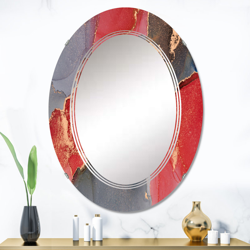 Gris et rouge, art abstrait fluide de luxe - miroir mural moderne ovale, 36 po x 24 po