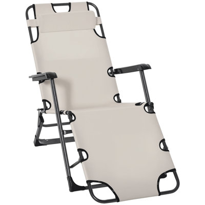 Folding Chaise Lounge Chair For Outside, 2-In-1 Tanning Chair With Pillow & Pocket, Adjustable Pool Chair For Beach, Patio, Lawn, Deck, Cream White