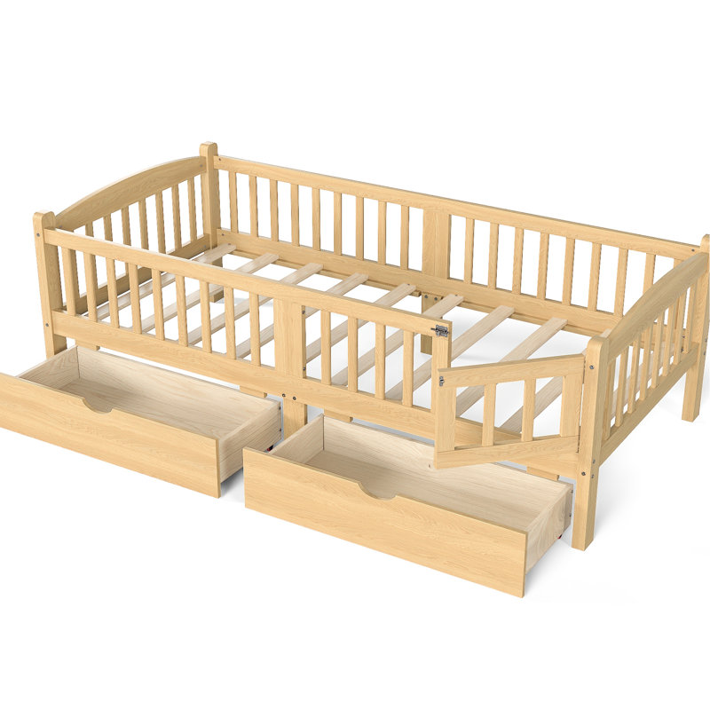 Lit plateforme simple TG avec garde-corps et tiroir spacieux sous le lit, tête de lit adorable dans des tons naturels, pas besoin de sommier tapissier, tiroirs de rangement simples à mettre en place, doux