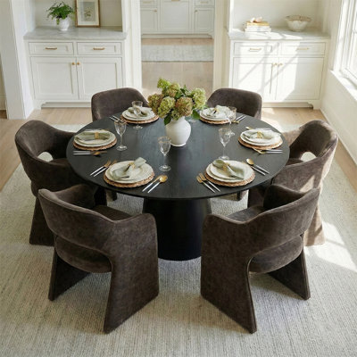 6 - Person Dining Table Sets With Round Table & 6 Upholstered Chenille Chairs