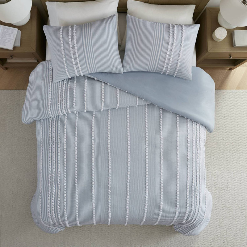 Ensemble de housse de couette en coton très jacquard avec détails jacquard, Rayures bleues
