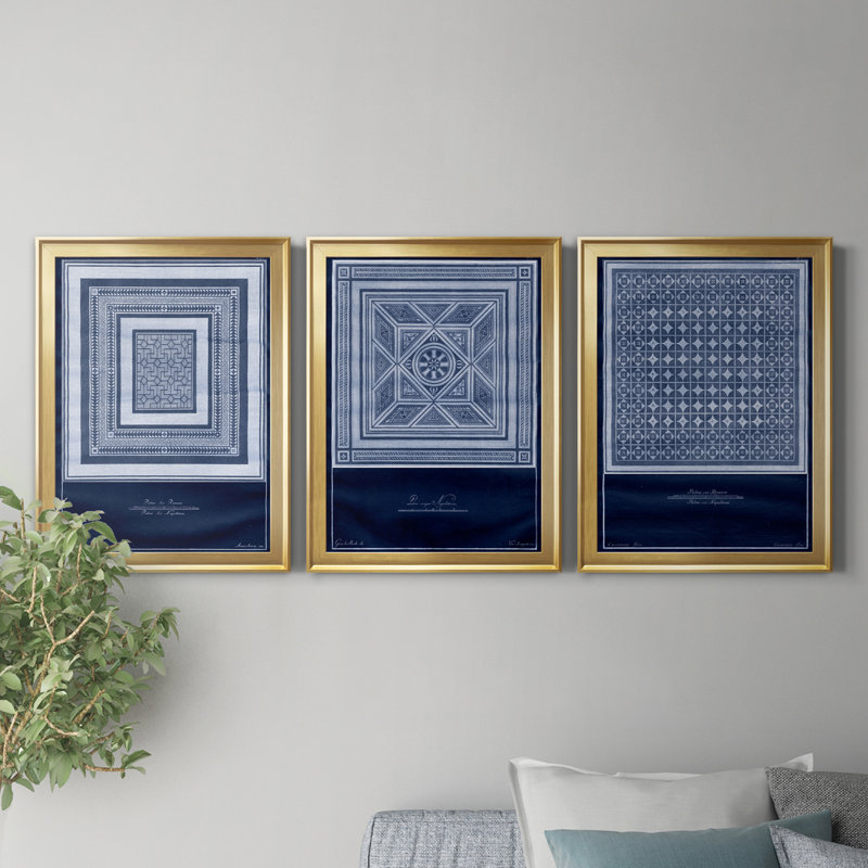 Indigo Tile IV - ensemble de 3 impressions sur toile encadrées, Encadrement doré, H 18,5 po x l 73,5 po x P 1,5 po