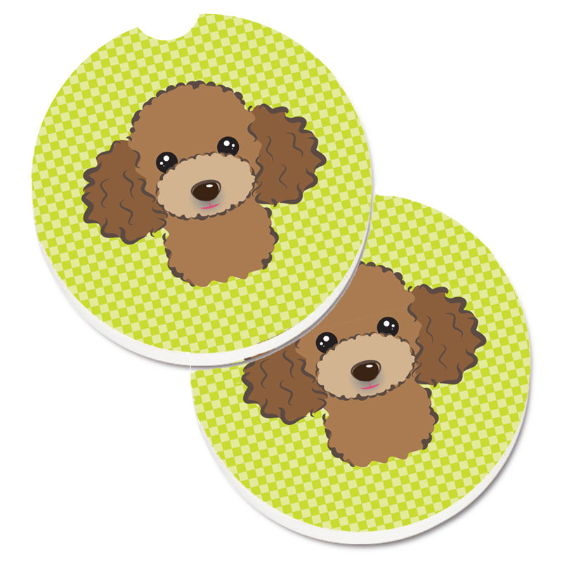 Ceramic Round 2 Piece Car Coaster Set, Lime Green, Brown Poodle