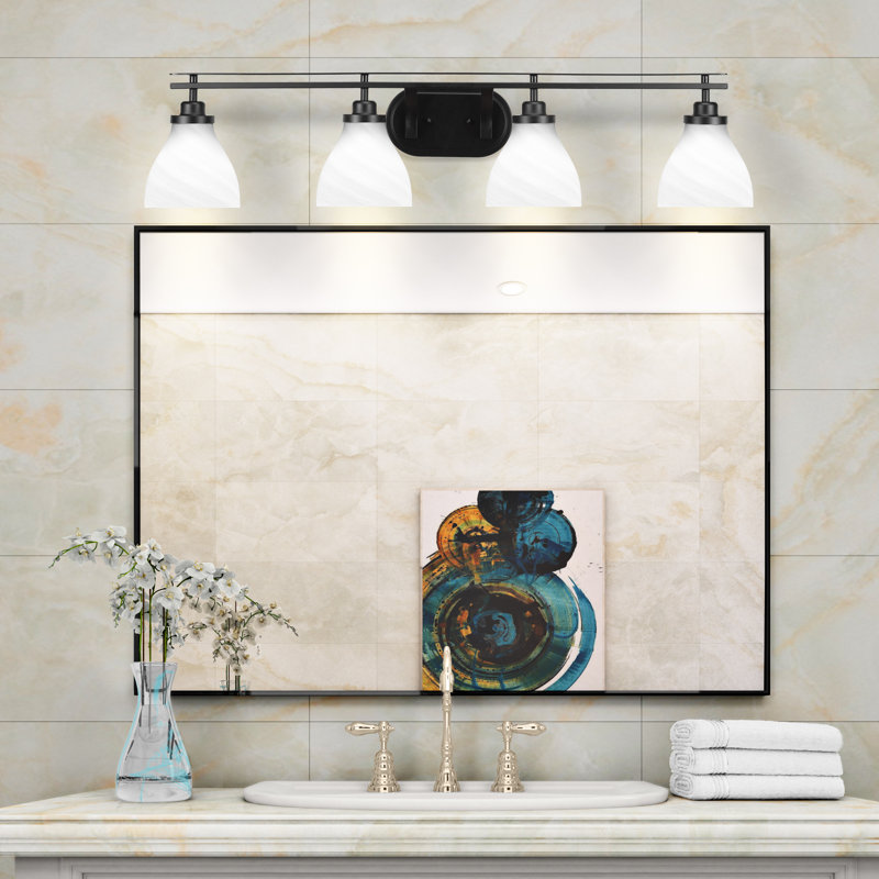 Barre d'éclairage de salle de bain 4 lumières Brinly avec verre en marbre blanc de 6,25 po, Noir mat