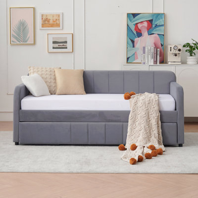 Upholstered Daybed, Twin Daybed Frame With Trundle, Twin Size Sofa Bed For Bedroom Living Room Guest Room, Wood Slat Support