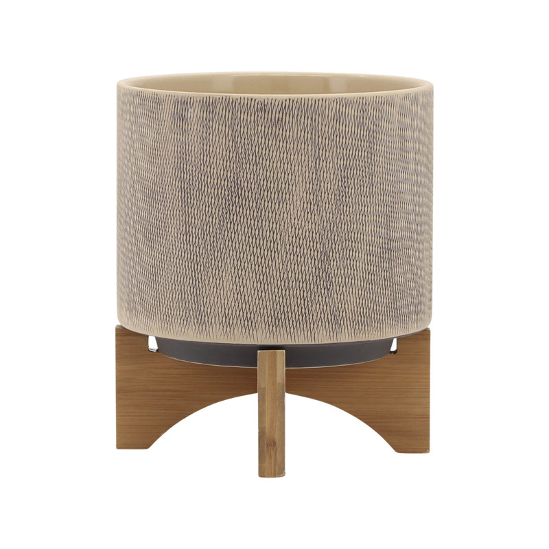 Set of 2 Beige Ceramic Planters with Wooden Stands