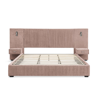 Ayla Queen Size Upholstered Platform Bed With Chenille Fabric, Pleated Headboard Design, Solid Frame & Matching Bedside Table, No Box Spring Needed – Pink
