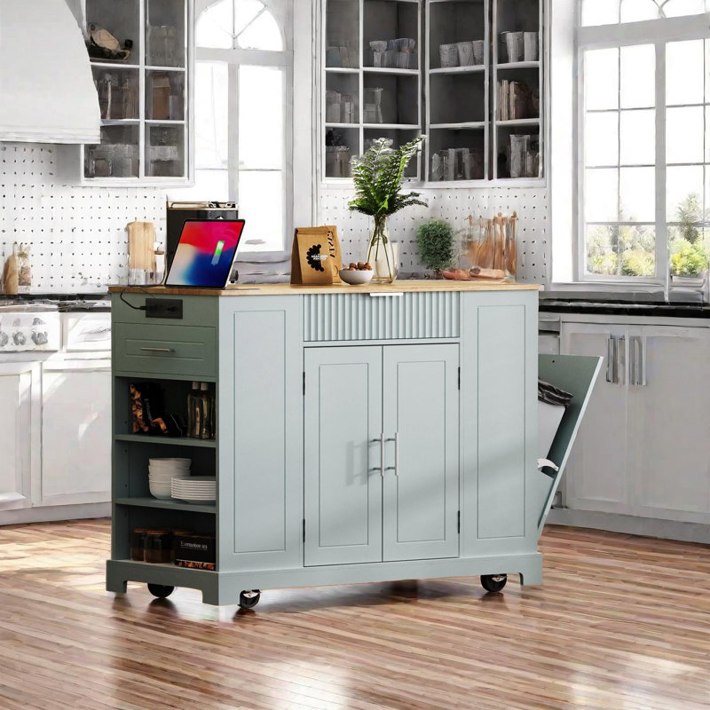 Îlot de cuisine avec armoire de rangement pour poubelle, Bleu gris