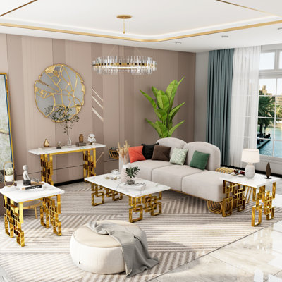 4 Piece White And Gold Living Room Table Set by Everly Quinn