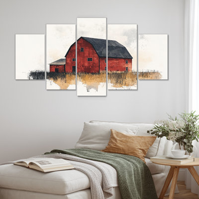 Red And Black Rustic Barn Landscape I - Farmhouse Wall Art Set