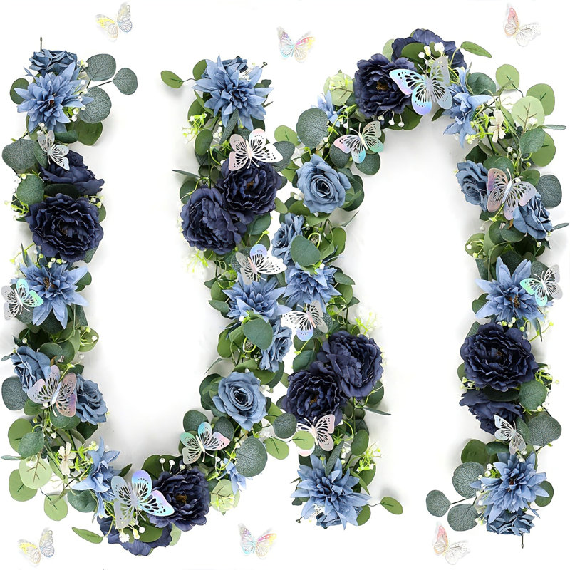 Guirlande en eucalyptus artificiel avec roses bleues et papillons 3D, paquet de 2 vignes en soie artificielle, décoration de voûte de mariage de 5,9 pi