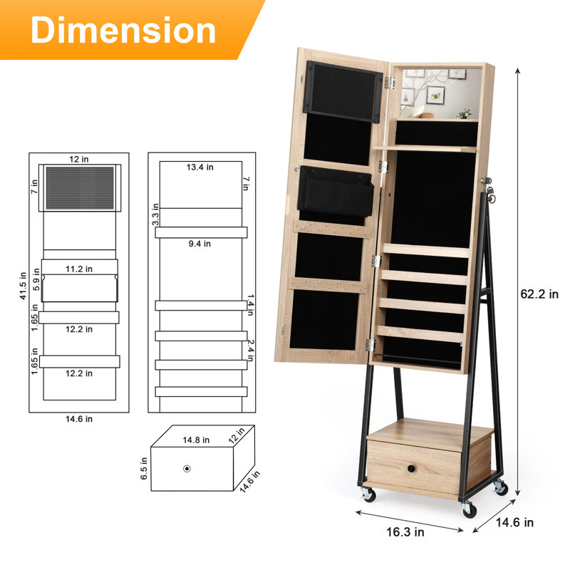 Ariew 16.3'' Wide Freestanding Jewelry Armoire, Yellow