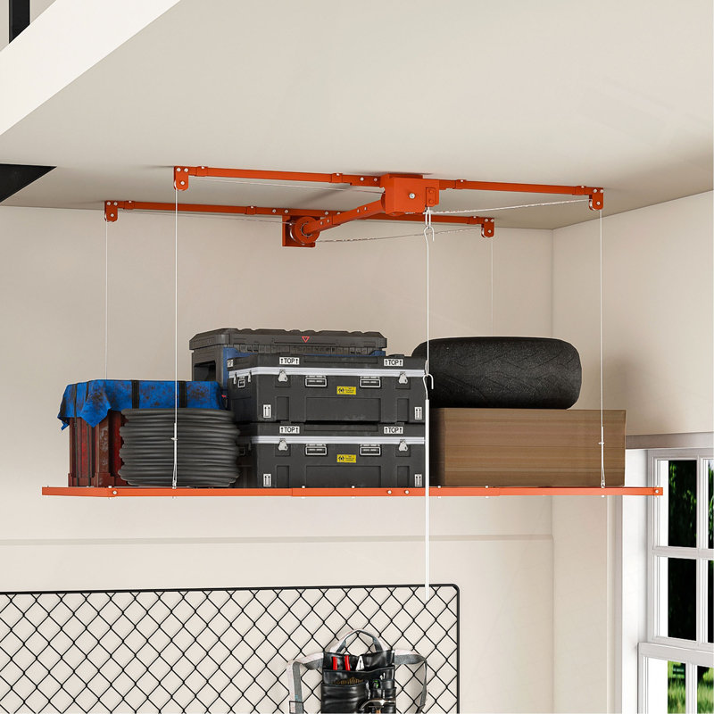 Support de rangement orange pour garage 3 x 6 pi pour plafonds hauts de 10 à 12 pi, fabrication entièrement en acier de 370 lb avec verrou de sécurité (installation requise, organisateur de garage robuste)