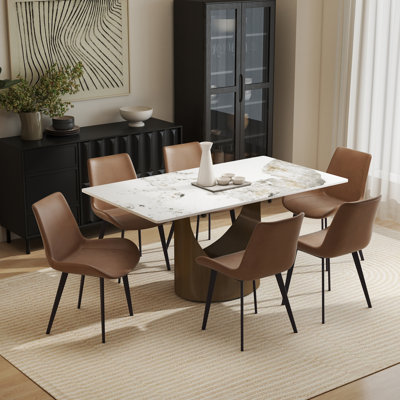 7-Piece Modern Rectangular Sintered Stone Dining Table Set With 6 Faux Leather Chairs