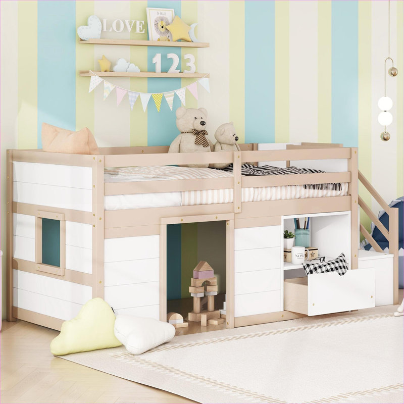 Lit simple mezzanine pour lit d'enfant avec tiroirs et tablettes intégrés