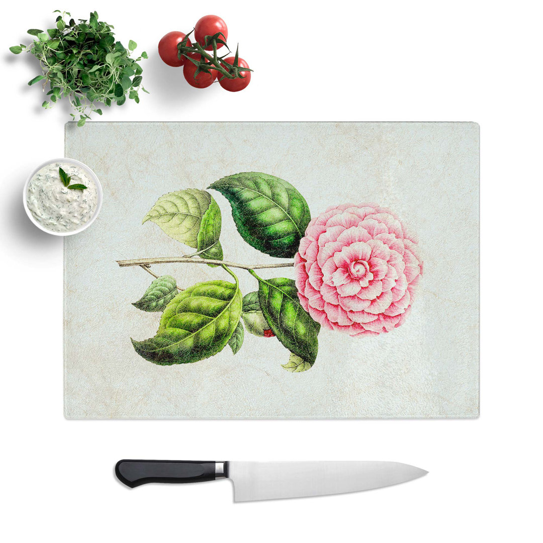 Tempered Glass Pretty Camellia Flower Illustration Chopping Board