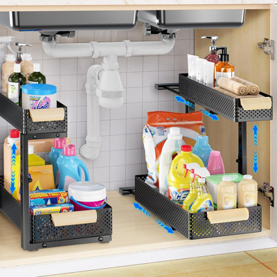 2-Pack 2-Tier Pull-Out Cabinet Organizer, 5-Level Adjustable Metal Slide Shelves For Kitchen & Bathroom