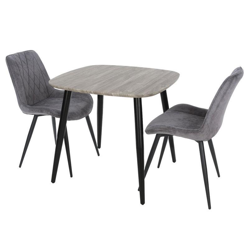 Aspen 3-Piece Casual Dining Set - Square Dining Table & Two Upholstered Diamond Fabric Chairs, Dark Grey, Grey Oak