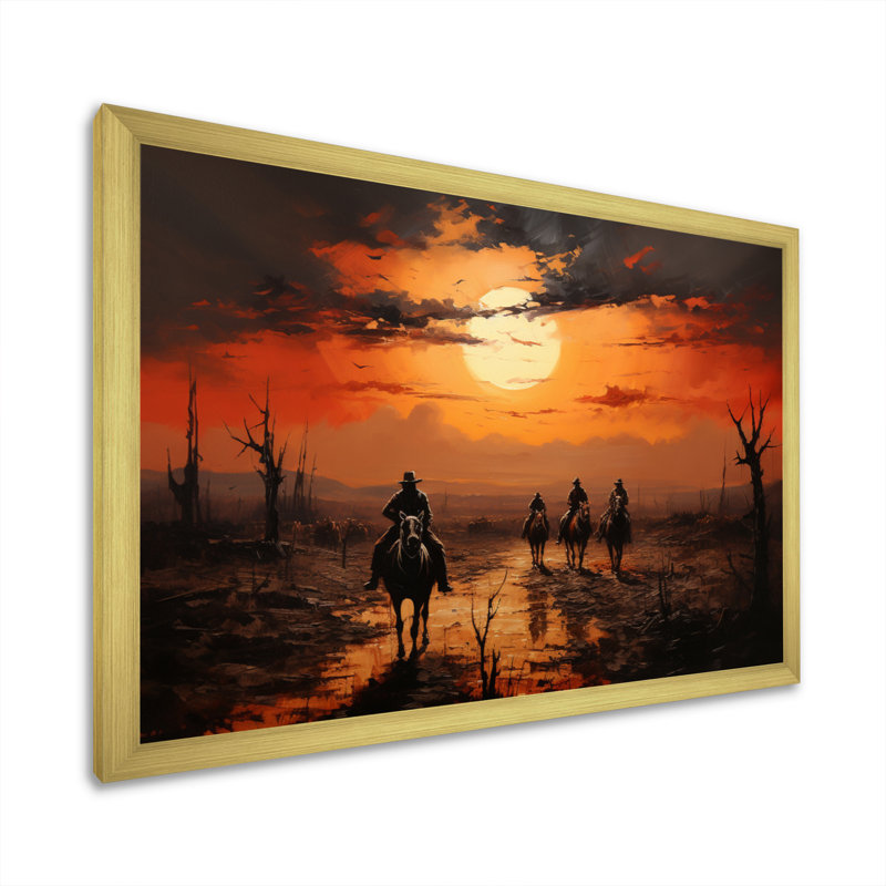 Western Sunset Riders Pointillism Art I - décoration murale occidentale, H 16 po x l 32 po x P 1 po, Cadre doré