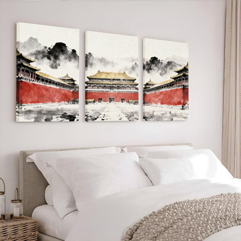 Ensemble de 3 tableaux muraux sur toile, style lavis d'encre, représentant l'architecture des palais chinois