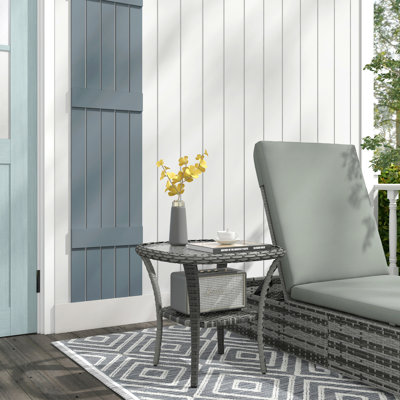 Rattan Coffee Table With Storage Shelf, Wicker Side Table With Glass Top, Outdoor End Table