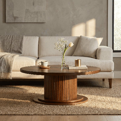 NTC Summit Modern Classic Tambour Wooden Round Coffee Table – Waterproof & Heat Resistant