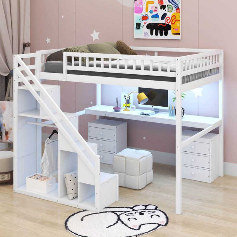 Lit mezzanine double avec deux tiroirs, Blanc