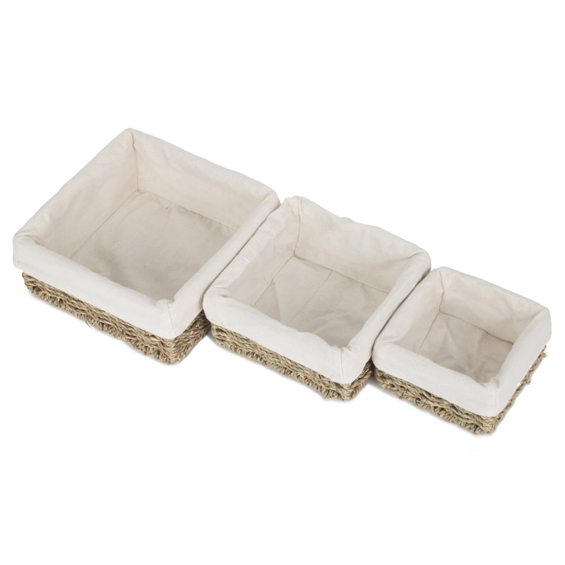 Lily Manor Wicker 3 Piece Seagrass Tray Set with Lining, 9cm H x 22cm W x 22cm D