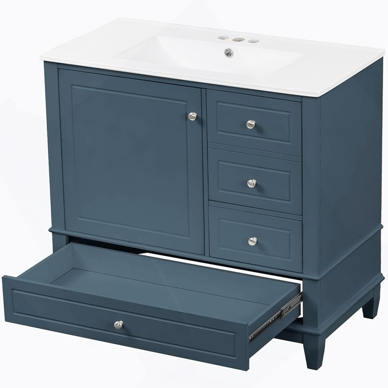 Meuble-lavabo autoportant avec tablettes et 3 tiroirs en céramique
