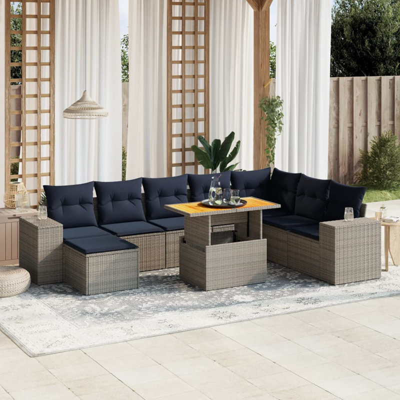  Ensemble de canapé de patio 9 pièces avec coussins en rotin de polyester, Gris, Bleu